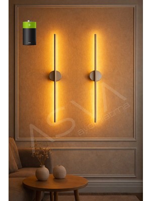 Asva Aydınlatma 2 Li 70 cm Ortadan Taslı Pilli Aplik Amber LED Krom Kasa Pil Dahil, Dekoratif Duvar Lambası