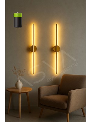 Asva Aydınlatma 2 Li 70 cm Ortadan Taslı Pilli Aplik Günışığı LED Eskitme Gold Kasa Pil Dahil, Modern Duvar Lambası