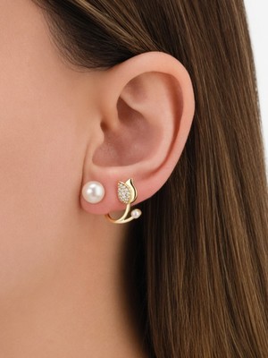 Atalya Accessory Incili Lale Modeli Gold Renk Kadın Çelik Küpe
