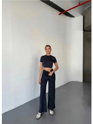 Bellavita Botuique Antrasit Crop Tişört & Bol Paça Pantolon Takım
