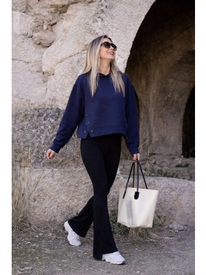 Bellavita Botuique Lacivert Çıtçıt Kapüşonlu Sweatshirt