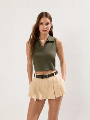 Bellavita Botuique Polo Yaka Fitilli Crop Bluz