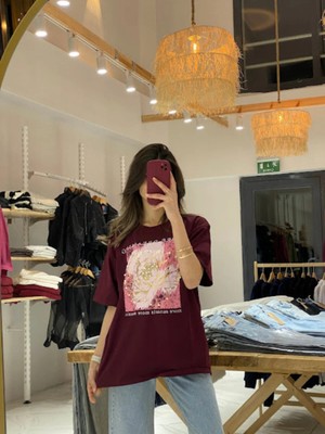 Bellavita Botuique Bordo Incili Baskılı Tişört
