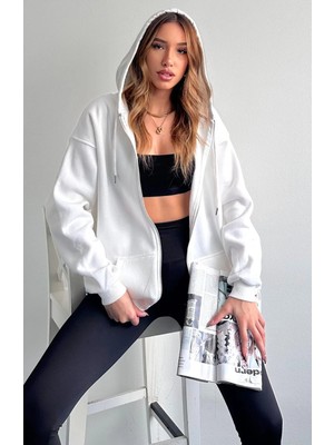 Bellavita Botuique Beyaz Fermuarlı Kapüşonlu Sweatshirt