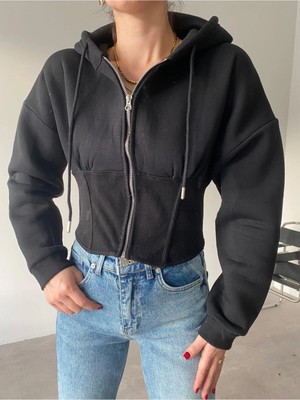 Bellavita Botuique Koyu Gri Korse Detaylı Fermuarlı Kapüşonlu Sweatshirt