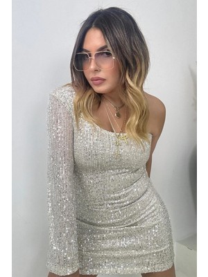 Bellavita Botuique Gümüş Tek Omuz Mini Payet Abiye