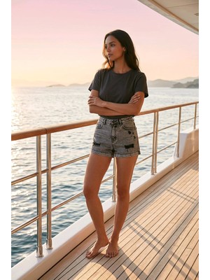 Hies Ters Paça 40 cm Kot Şort, Denim Yüksek Bel Likralı Yırtık Detaylı Jeans Şort - Antrasit