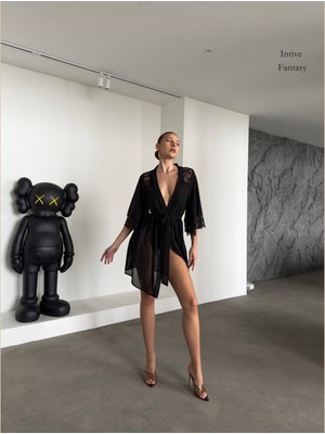 Intive Lingerie Intive Premium Transparan Tülden Dantel Detaylı Kuşaklı Mini Babydol Gecelik 2'li Takım