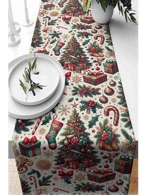 EstoreBox Yılbaşı Temalı Dijital Baskılı Runner Örtüsü Christmas Karma 40X140 cm