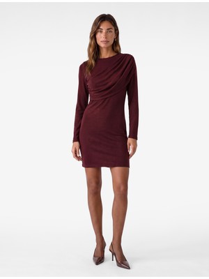 Koton Koyun Yünü Karışımlı Slim Fit Uzun Kollu Drapeli Mini Elbise