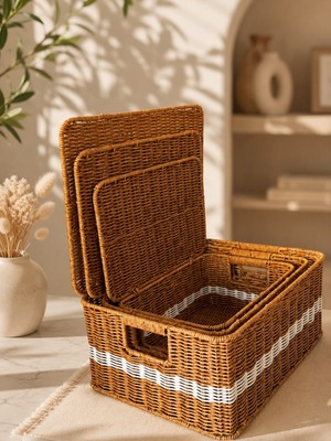 Morponi 3'lü Kapaklı Hasır Rattan Organizer Beyaz Çizgili Sepet FTH-905