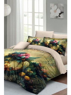 EstoreBox MONOHOME%100 Pamuk Saten Çift Kişilik Nevresim Takımı Flower Lastikli Çarşaflı, MONOHOME67090