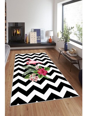 EstoreBox Pelangi Siyah Beyaz Zigzag Flamingo Desen Yıkanabilir Kaymaz Taban Tutmaz Salon Halı