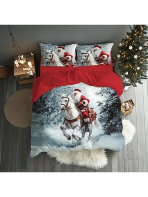 EstoreBox Gift Duvet Cover Christmas Noel Baba Desenli Çift Kişilik Nevresim Takımı Kırmızı 200 x 220