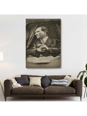 Uslucan Alışveriş Mustafa Kemal Atatürk'ün Karakalem Görünümlü Portre Çizimi Dikdörtgen Dekoratif Kanvas Tablo-De-82