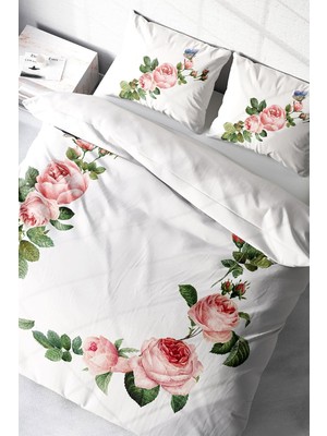 EstoreBox MONOHOME%100 Pamuk Saten Çift Kişilik Nevresim Takımı Flower-White, MONOHOME39769