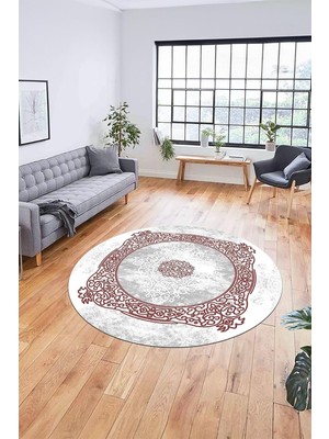 EstoreBox Sade Klasik Dijital Kaymaz Taban Yıkanabilir Yuvarlak Mutfak Salon Halısı Y-Klasi̇k-20, Bordo, 100 x