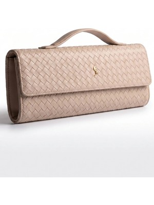 Santini Collection Clutch Çanta Kadın El Çantası Örgü Dokulu Zarif Portföy Clutch Çanta Portföy El Çantası Abiye Krem -Aurelia Clutch