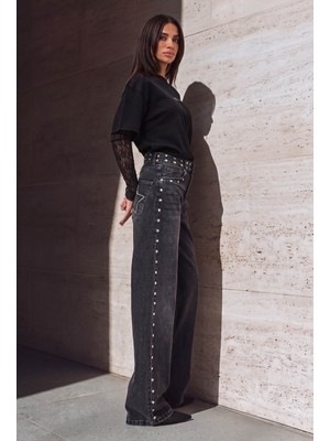 It's Basic Kadın Füme T-2W6-13 Loose Fit Drop Detaylı Tasarım Denim Jean