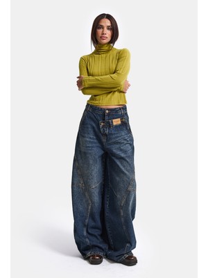 It's Basic Kadın Kot Rengi 2W6-8 Barrel Fit Süper Bol Kesim Özel Tasarım Denim Jean