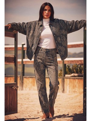 It's Basic Kadın Kot Rengi T-10W6-8 Loose Fit Parlak Taş ve Desen Tasarım Denim Jean