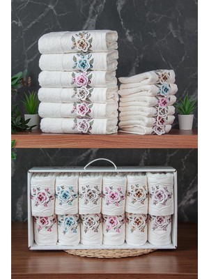 EstoreBox Pamuklu 3D Çiçek Işlemeli 12 Li Analı Kızlı Çeyizlik Havlu Seti 50X90 cm - 00030