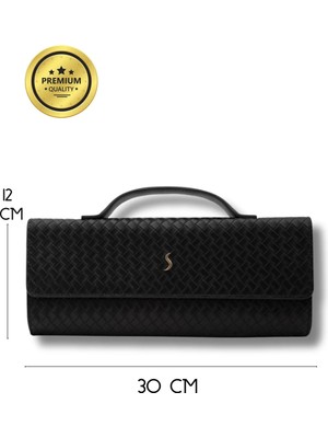 Santini Collection Clutch Çanta Kadın El Çantası Örgü Dokulu Zarif Portföy Clutch Çanta Portföy El Çantası Abiye Siyah- Aurelia Clutch