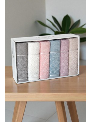 EstoreBox JAKARLI%100 Pamuklu 6'lı Lüks Kutulu Çeyizlik El Yüz Havlu Seti - 50X90-00050
