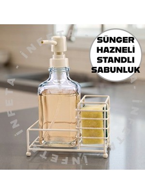 İnfeta Metal Standlı Sünger Hazneli 500 ml Cam Sıvı Sabunluk & Deterjanlık -Tezgah Üstü Beyaz Metal Standlı Mutfak Sabunluk