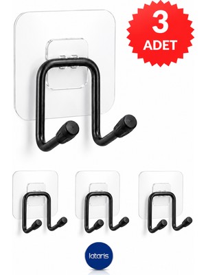 Lataris Yapışkanlı 3 Adet Banyo Mutfak Askısı Çift Kancalı Metal Askılık Duvar Askı Organizer