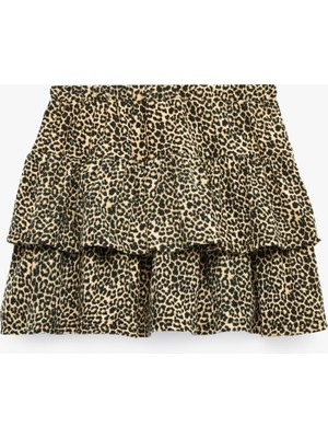 Koton Beli Lastikli Kat Detaylı Leopar Desenli Pileli Etek
