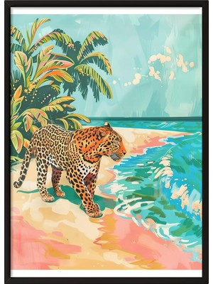 EstoreBox Zestia Siyah Çerçeveli Tablo, Leopar, Tropik Plaj Arka Planı, Dijital Sanat Poster No: 106553 50 x