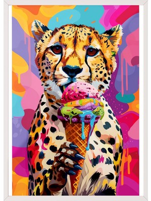 EstoreBox Zestia Beyaz Çerçeveli Tablo, Leopar, Dondurma Renkli Arka Plan, Pop Tarzı Poster No: 106556