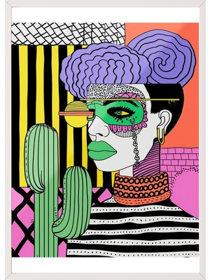 EstoreBox Zestia Beyaz Çerçeveli Tablo, Kadın Portresi, Kaktüsler Geometri, Dijital Pop Poster No: 106