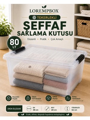 Lorempbox 80 Lt Tekerlekli Şeffaf Saklama Kutusu | Kilitli Kapaklı Plastik Düzenleme Kutusu | Çok Amaçlı Depolama Organizeri | Tek Adet