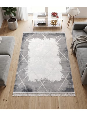 Merinos Elegance Serisi %100 Akrilik Çerçeveli Geometrik Desenli Salon Oturma Odası Halısı Dokuma Makine Halısı  Gri-Antrasit  Halı 74423-96