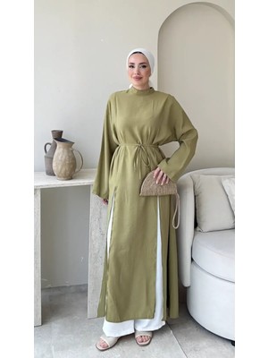 RFK Butik Kadın Seyyar Kemerli Tensel Yırtmaç Detaylı Tunik Boy Bluz - Yeşil