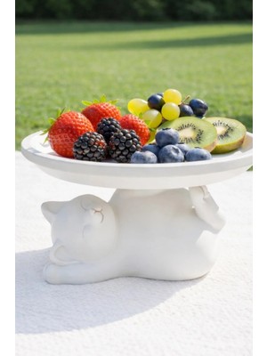 Uslucan Alışveriş Dekoratif Beyaz Kedi Figürlü Takı, Sunumluk, Tatlı Tabağı, Masaüstü 17 cm Çap Organizer, Mumluk 14 x 14 cm