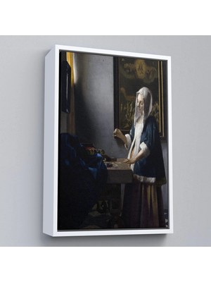 Uslucan Alışveriş Ahşap Çerçeveli Johannes Vermeer - Teraziyi Tutan Kadın Tablosu - A Woman Holding A BALANCE-7500