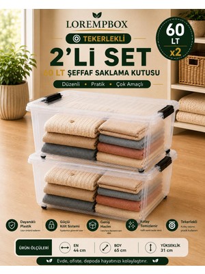 Lorempbox 60 Lt Tekerlekli Şeffaf Saklama Kutusu 2’li Set – Güçlü Kilit Sistemli Çok Amaçlı Düzenleme Kutusu