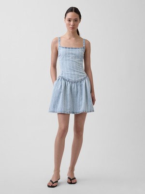 Gap Kadın Açık Mavi Ultrasoft Denim Çizgili Drop-Waist Mini Elbise