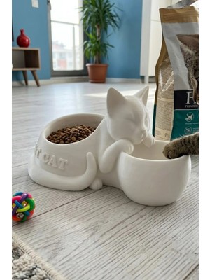 Uslucan Alışveriş Kedi Figürlü Mama Kabı Çift Hazneli Dekoratif Mama ve Su Kabı 25 cm