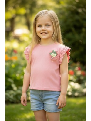 Erca Home Tekstil Ürünleri %100 Pamuklu Kolu Fırfırlı Çiçek Aksesuarlı Fitilli Şık Yazlık Badi / Tişört / Bluz  5y,6y,7y,8y Kız