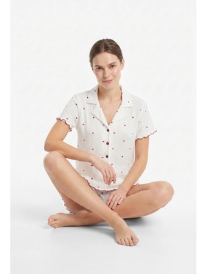 Mirano Kısa Kol %100 Pamuk Penye Düğmeli Kalp Desen Pijama Takımı