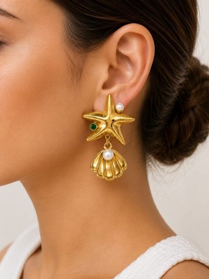 cm Jewelry Inci Detaylı Deniz Yıldızı ve Deniz Kabuğu Gold Çelik Küpe