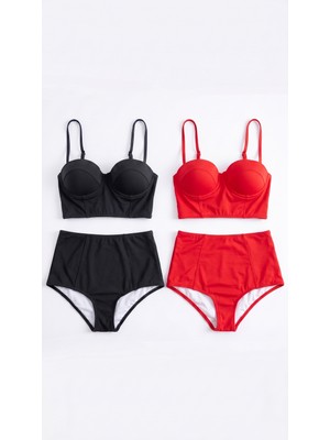 Zi 2 Renk 1 Paket Siyah -Kırmızı 2 Takım Yüksek Bel Bikini Takımı