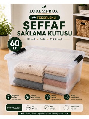 Lorempbox 60 Lt Tekerlekli Şeffaf Saklama Kutusu | Kilitli Kapaklı Plastik Düzenleme Kutusu | Çok Amaçlı Depolama Organizeri | Tek Adet