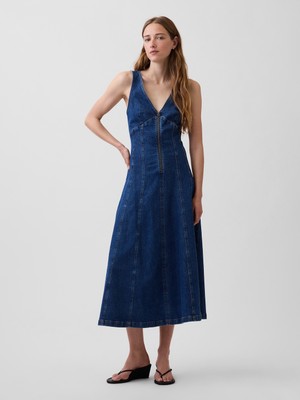 Gap Kadın Koyu Mavi Denim Seamed Fermuarlı Midi Elbise