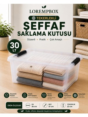 Lorempbox 30 Lt Tekerlekli Şeffaf Saklama Kutusu | Kilitli Kapaklı Plastik Düzenleme Kutusu | Çok Amaçlı Depolama Organizeri | Tek Adet