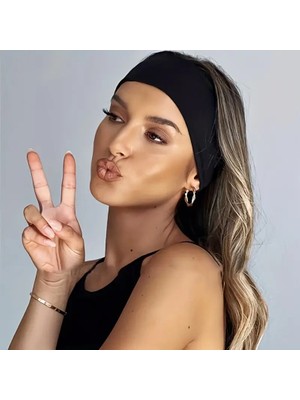 İnderin Geniş Pamuklu Terletmez Siyah Saç Bandı Yoga Koşu Fitness Makyaj Bandana